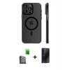 MARSİLYAN™- iPhone 16 Pro Kılıf Pusula Minimal Koleksiyonu - Siyah 3D Antistatik Hayalet Cam Ekran Koruyucu + Raze Metal Kamera Lens - SH