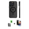 MARSİLYAN™- iPhone 16 Pro Kılıf Pusula Minimal Koleksiyonu - Siyah 3D Antistatik Mat Seramik Nano Ekran Koruyucu + Raze Metal Kamera Lens - SH