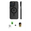 MARSİLYAN™- iPhone 16 Pro Kılıf Pusula Minimal Koleksiyonu - Siyah Buffer Cam Ekran Koruyucu + Beyaz Raze Metal Kamera Lens