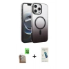 MARSİLYAN™- iPhone 16 Pro Max Kılıf Ahenk Doku Özel Seri - Şeffaf Pasifik Cam Ekran Koruyucu + Çöl Titanyum Raze Metal Kamera Lens