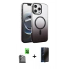 MARSİLYAN™- iPhone 16 Pro Max Kılıf Ahenk Doku Özel Seri - Siyah 3D Antistatik Hayalet Cam Ekran Koruyucu + Raze Metal Kamera Lens - SH