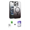 MARSİLYAN™- iPhone 16 Pro Max Kılıf Ahenk Doku Özel Seri - Siyah Bilvis 5in1 3D Magic Cam Ekran Koruyucu + Beyaz Raze Metal Kamera Lens