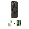 MARSİLYAN™- iPhone 16 Pro Max Kılıf Çekirdek Modern Prime - Şeffaf 360 Full Body Arka Koruyucu + Natural Grey Raze Metal Kamera Lens