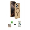 MARSİLYAN™- iPhone 16 Pro Max Kılıf Doruk Doku Özel Seri - Şeffaf Pasifik Cam Ekran Koruyucu + Çöl Titanyum Raze Metal Kamera Lens
