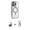 MARSİLYAN™- iPhone 16 Pro Max Kılıf Doruk Doku Özel Seri - Şeffaf Pasifik Cam Ekran Koruyucu + Titanyum Gri Bilvis Titan Kamera Lens