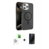 MARSİLYAN™- iPhone 16 Pro Max Kılıf Doruk Doku Özel Seri - Siyah 3D Antistatik Hayalet Cam Ekran Koruyucu + Raze Metal Kamera Lens - BZ