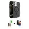 MARSİLYAN™- iPhone 16 Pro Max Kılıf Doruk Doku Özel Seri - Siyah 3D Antistatik Mat Seramik Nano Ekran Koruyucu + Çöl Titanyum Raze Metal Kamera Lens