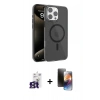 MARSİLYAN™- iPhone 16 Pro Max Kılıf Doruk Doku Özel Seri - Siyah 3D Antistatik Mat Seramik Nano Ekran Koruyucu + Titanyum Gri Bilvis Titan Kamera Lens