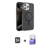 MARSİLYAN™- iPhone 16 Pro Max Kılıf Doruk Doku Özel Seri - Siyah Bilvis 5in1 5D Magic Hayalet Cam Ekran Koruyucu + Siyah PVD Metal Kamera Lens
