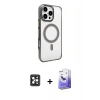 MARSİLYAN™- iPhone 16 Pro Max Kılıf Doruk Doku Özel Seri - Siyah Bilvis 5in1 5D Magic Hayalet Cam Ekran Koruyucu + Siyah PVD Metal Kamera Lens