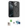 MARSİLYAN™- iPhone 16 Pro Max Kılıf Doruk Form Serisi - Siyah 3D Antistatik Cam Ekran Koruyucu + Raze Metal Kamera Lens - NLGY
