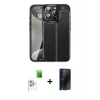 MARSİLYAN™- iPhone 16 Pro Max Kılıf Doruk Klasik Özel Seri - Siyah 3D Antistatik Hayalet Cam Ekran Koruyucu + Raze Metal Kamera Lens - BZ