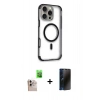 MARSİLYAN™- iPhone 16 Pro Max Kılıf Eksen Klasik Koleksiyonu - Siyah 3D Antistatik Hayalet Cam Ekran Koruyucu + Raze Metal Kamera Lens - NLGY