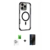 MARSİLYAN™- iPhone 16 Pro Max Kılıf Eksen Klasik Koleksiyonu - Siyah 3D Antistatik Hayalet Cam Ekran Koruyucu + Raze Metal Kamera Lens - BZ