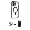 MARSİLYAN™- iPhone 16 Pro Max Kılıf Eksen Klasik Koleksiyonu - Siyah 3D Antistatik Hayalet Cam Ekran Koruyucu + Pers Alüminyum Kamera Lens - GI