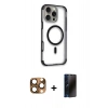 MARSİLYAN™- iPhone 16 Pro Max Kılıf Eksen Klasik Koleksiyonu - Siyah 3D Antistatik Hayalet Cam Ekran Koruyucu + Pers Alüminyum Kamera Lens - CLTM