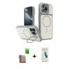 MARSİLYAN™- iPhone 16 Pro Max Kılıf İz Modern Prime - Şeffaf Pasifik Cam Ekran Koruyucu + Çöl Titanyum Raze Metal Kamera Lens