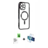 MARSİLYAN™- iPhone 16 Pro Max Kılıf Nova Işık Özel Seri - Siyah 3D Antistatik Cam Ekran Koruyucu + Raze Metal Kamera Lens - BZ