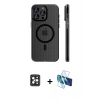 MARSİLYAN™- iPhone 16 Pro Max Kılıf Pusula Minimal Koleksiyonu - Siyah 3D Antistatik Cam Ekran Koruyucu + PVD Metal Kamera Lens - SH