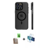 MARSİLYAN™- iPhone 16 Pro Max Kılıf Pusula Minimal Koleksiyonu - Siyah 3D Antistatik Cam Ekran Koruyucu + Raze Metal Kamera Lens - CLTM