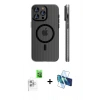 MARSİLYAN™- iPhone 16 Pro Max Kılıf Pusula Minimal Koleksiyonu - Siyah 3D Antistatik Cam Ekran Koruyucu + Raze Metal Kamera Lens - BZ