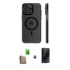 MARSİLYAN™- iPhone 16 Pro Max Kılıf Pusula Minimal Koleksiyonu - Siyah 3D Antistatik Hayalet Cam Ekran Koruyucu + Raze Metal Kamera Lens - CLTM