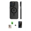 MARSİLYAN™- iPhone 16 Pro Max Kılıf Pusula Minimal Koleksiyonu - Siyah 3D Antistatik Hayalet Cam Ekran Koruyucu + Raze Metal Kamera Lens - NLGY