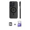 MARSİLYAN™- iPhone 16 Pro Max Kılıf Pusula Minimal Koleksiyonu - Siyah Bilvis 5in1 5D Magic Hayalet Cam Ekran Koruyucu + PVD Metal Kamera Lens - GS