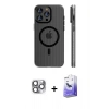 MARSİLYAN™- iPhone 16 Pro Max Kılıf Pusula Minimal Koleksiyonu - Siyah Bilvis 5in1 5D Magic Hayalet Cam Ekran Koruyucu + Gri Pers Alüminyum Kamera Lens