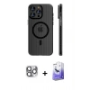 MARSİLYAN™- iPhone 16 Pro Max Kılıf Pusula Minimal Koleksiyonu - Siyah Bilvis 5in1 5D Magic Hayalet Cam Ekran Koruyucu + Gri Pers Alüminyum Kamera Lens
