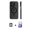 MARSİLYAN™- iPhone 16 Pro Max Kılıf Pusula Minimal Koleksiyonu - Siyah Bilvis 5in1 5D Magic Hayalet Cam Ekran Koruyucu + PVD Metal Kamera Lens - GD