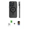 MARSİLYAN™- iPhone 16 Pro Max Kılıf Pusula Minimal Koleksiyonu - Siyah Buffer Hayalet Cam Ekran Koruyucu + Raze Metal Kamera Lens - BZ