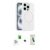 MARSİLYAN™- iPhone 16 Pro Max Kılıf Yankı Form Serisi - Şeffaf Pasifik Cam Ekran Koruyucu + Beyaz Raze Metal Kamera Lens