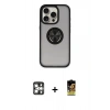 MARSİLYAN™- iPhone 16 Pro Max Kılıf Yörünge Çizgi - Siyah Buffer Cam Ekran Koruyucu + Gümüş PVD Metal Kamera Lens