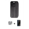 MARSİLYAN™- iPhone 16 Pro Max Kılıf Zirve Yansıma Serisi - Siyah 3D Antistatik Hayalet Cam Ekran Koruyucu + Pers Alüminyum Kamera Lens - GI