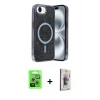 MARSİLYAN™- iPhone 16E Kılıf Eksen Çizgi - Siyah Bilvis 3D Cam Ekran Koruyucu + Raze Metal Kamera Lens - GS