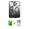 MARSİLYAN™- iPhone 17 Pro Kılıf Ahenk Doku Özel Seri - Siyah Bilvis 5in1 3D Magic Cam Ekran Koruyucu + Turuncu Raze Metal Kamera Lens