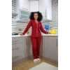 MARSiLYAN- Kadın %100 Pamuk Penye Önden Düğmeli Uzun Kol Pijama Takım Bordo