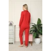 MARSiLYAN- Kadın %100 Pamuk Penye Önden Düğmeli Uzun Kol Pijama Takım Kırmızı