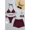 MARSiLYAN- Kadın 3lü Set Bordo Şortlu ve Yandan Bağlamalı Bikini Mayo Takımı
