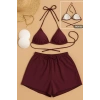 MARSiLYAN- Kadın 3lü Set Bordo Şortlu ve Yandan Bağlamalı Bikini Mayo Takımı