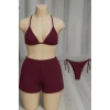 MARSiLYAN- Kadın 3lü Set Bordo Şortlu ve Yandan Bağlamalı Bikini Mayo Takımı
