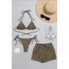 MARSiLYAN- Kadın 3lü Set Leopar Desenli Şortlu ve Yandan Bağlamalı Bikini Mayo Takımı