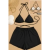 MARSiLYAN- Kadın 3lü Set Siyah Şortlu ve Yandan Bağlamalı Bikini Mayo Takımı
