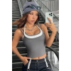 MARSiLYAN- Kadın Antrasit Gri Beyaz Çift Renk Çapraz Askılı Crop Top Bluz