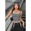 MARSiLYAN- Kadın Antrasit Gri Beyaz Çift Renk Çapraz Askılı Crop Top Bluz