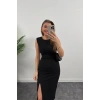 MARSiLYAN- Kadın Askılı Kolsuz Belden Büzgülü Yırtmaçlı Midi Janjan Krep Elbise