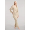 MARSiLYAN- Kadın Bej Kısa Kimono 3’lü Takım Yumuşak Dokulu Şık Rahat Ev Giyim Seti
