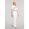 MARSiLYAN- Kadın Beyaz Baskılı Crop T-Shirt Pantolon Takım %100 Pamuk Rahat 2’li Set