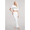 MARSiLYAN- Kadın Beyaz Baskılı Crop T-Shirt Pantolon Takım %100 Pamuk Rahat 2’li Set